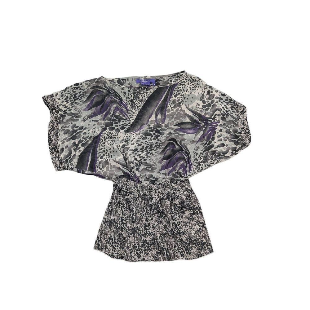 Miley Cyrus Blouse Women Purple & Gray Floral Short Sleeve Round Neck Casual Wom